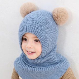 NWOT - Kids Knit Pom Pom Hat  attached Scarf/Collar